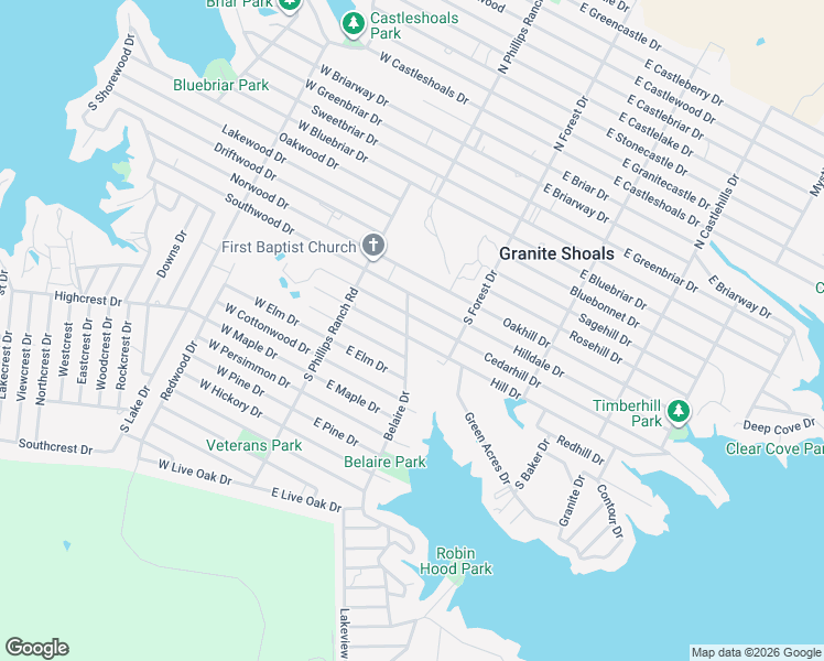 map of restaurants, bars, coffee shops, grocery stores, and more near 120 Belaire Drive in Granite Shoals
