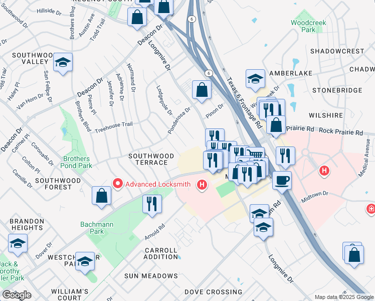 map of restaurants, bars, coffee shops, grocery stores, and more near 3329 Bluestem Circle in College Station