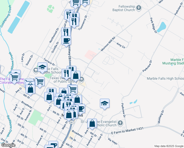 map of restaurants, bars, coffee shops, grocery stores, and more near 1607 Mormon Mill Road in Marble Falls