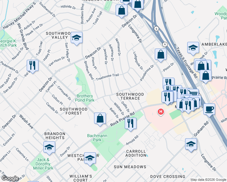 map of restaurants, bars, coffee shops, grocery stores, and more near 3010 Jennifer Drive in College Station