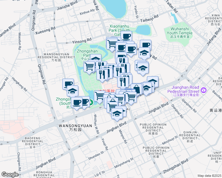 map of restaurants, bars, coffee shops, grocery stores, and more near in Wuhan