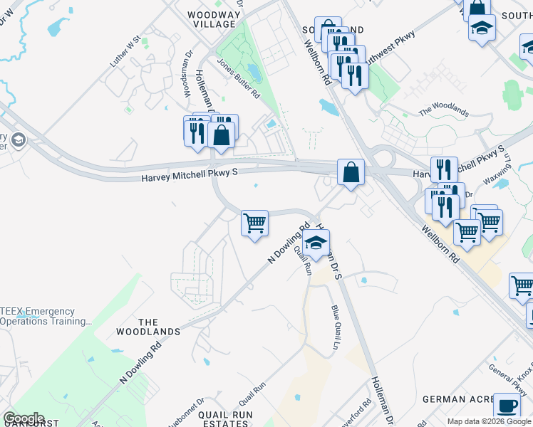 map of restaurants, bars, coffee shops, grocery stores, and more near Holleman Drive in College Station