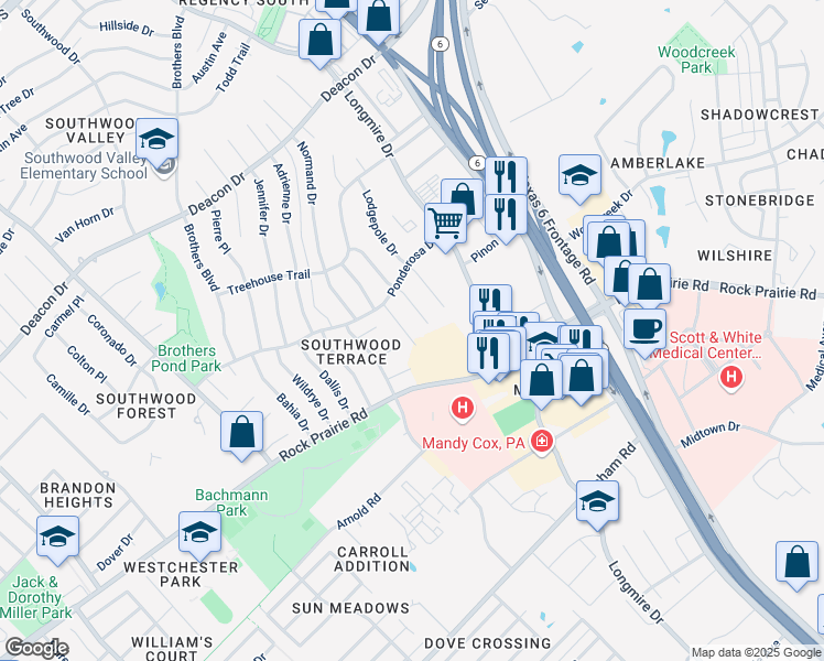 map of restaurants, bars, coffee shops, grocery stores, and more near 3329 Bluestem Circle in College Station