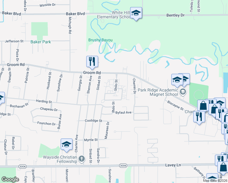 map of restaurants, bars, coffee shops, grocery stores, and more near 1110 Shilo Street in Baker