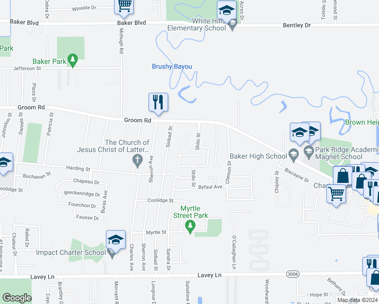 map of restaurants, bars, coffee shops, grocery stores, and more near 1027A Barrington Drive in Baker