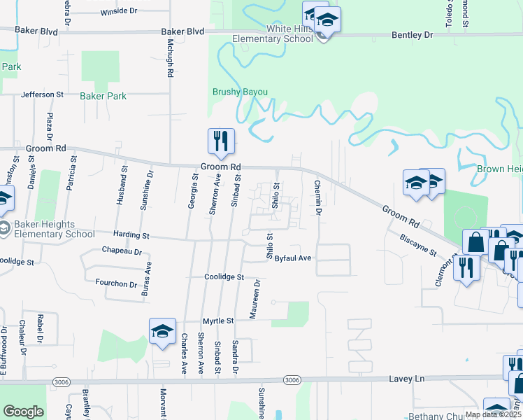 map of restaurants, bars, coffee shops, grocery stores, and more near 1027A Barrington Drive in Baker