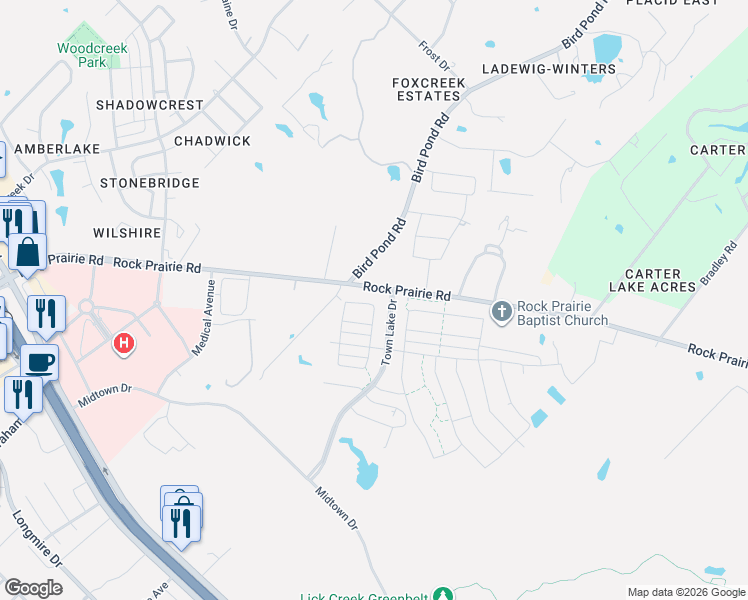 map of restaurants, bars, coffee shops, grocery stores, and more near 4200 Rock Prairie Rd in College Station