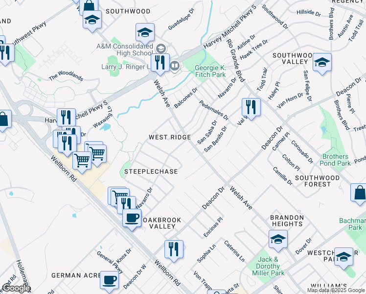 map of restaurants, bars, coffee shops, grocery stores, and more near 614 Navarro Drive in College Station