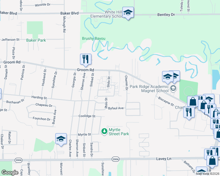 map of restaurants, bars, coffee shops, grocery stores, and more near 1110 Shilo Street in Baker