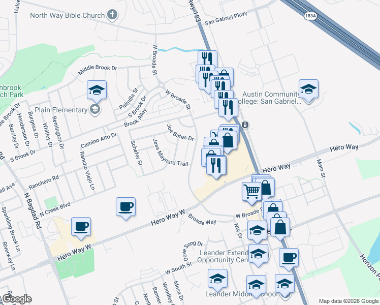 map of restaurants, bars, coffee shops, grocery stores, and more near 636 Joppa Road in Leander