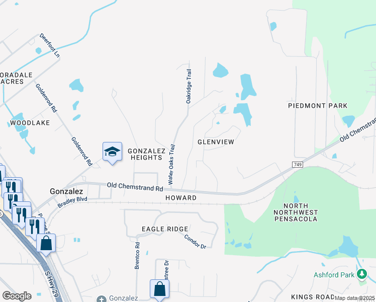 map of restaurants, bars, coffee shops, grocery stores, and more near 1251 Lake Drive in Gonzalez