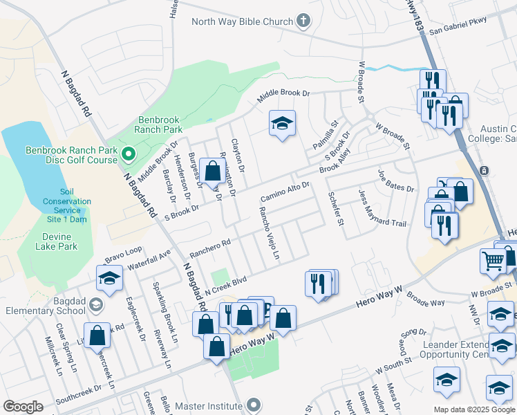 map of restaurants, bars, coffee shops, grocery stores, and more near 909 Rancho Viejo Lane in Leander