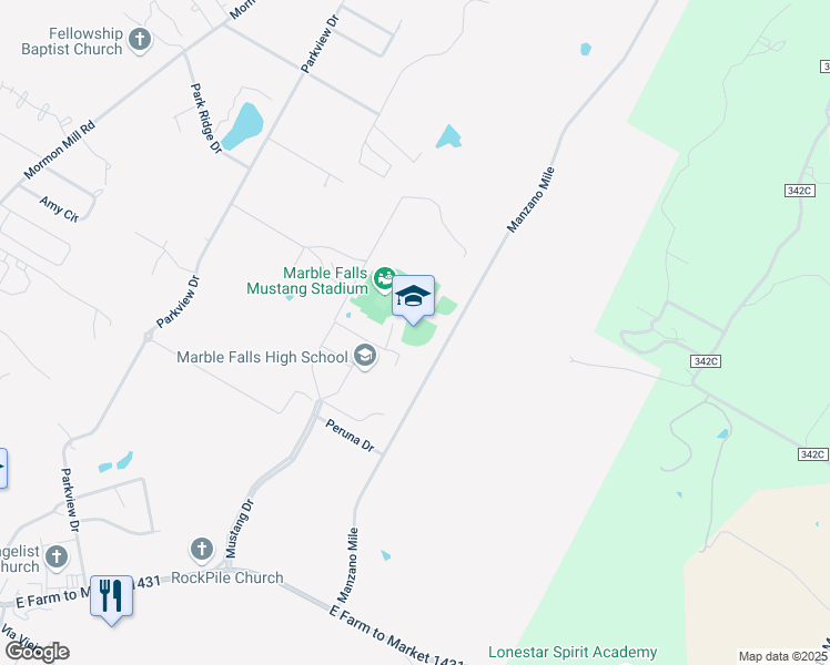 map of restaurants, bars, coffee shops, grocery stores, and more near 2101 Mustang Drive in Marble Falls