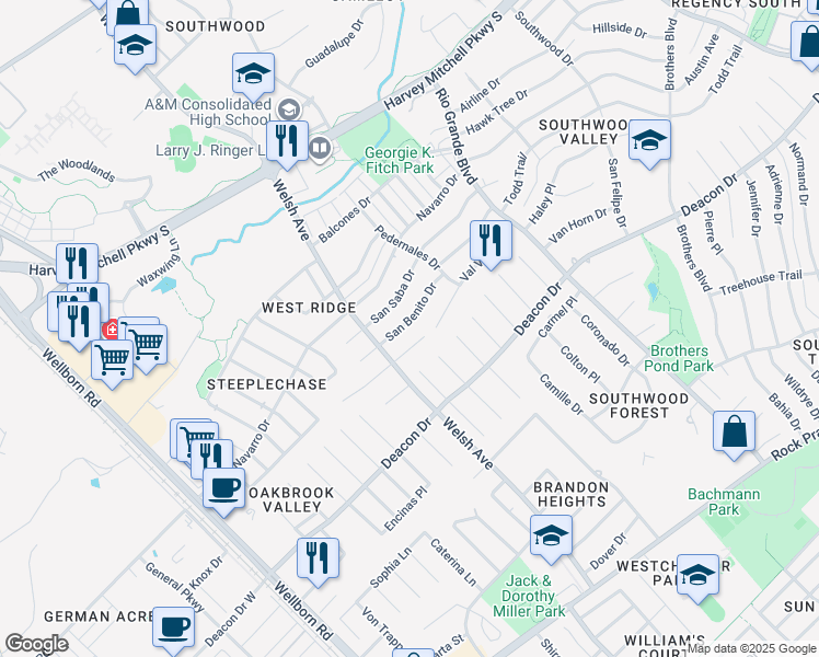 map of restaurants, bars, coffee shops, grocery stores, and more near 802 San Benito Drive in College Station