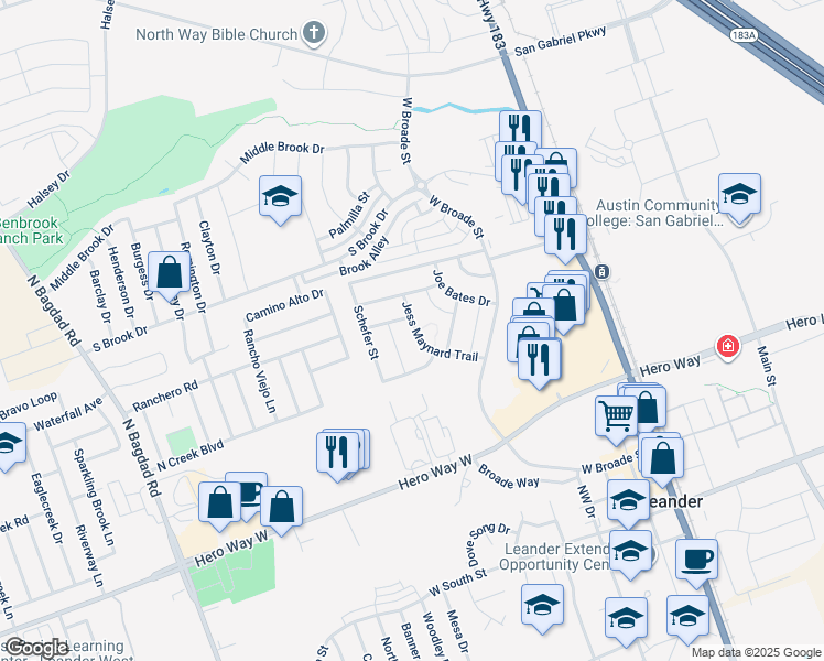 map of restaurants, bars, coffee shops, grocery stores, and more near 621 Jess Maynard Trail in Leander