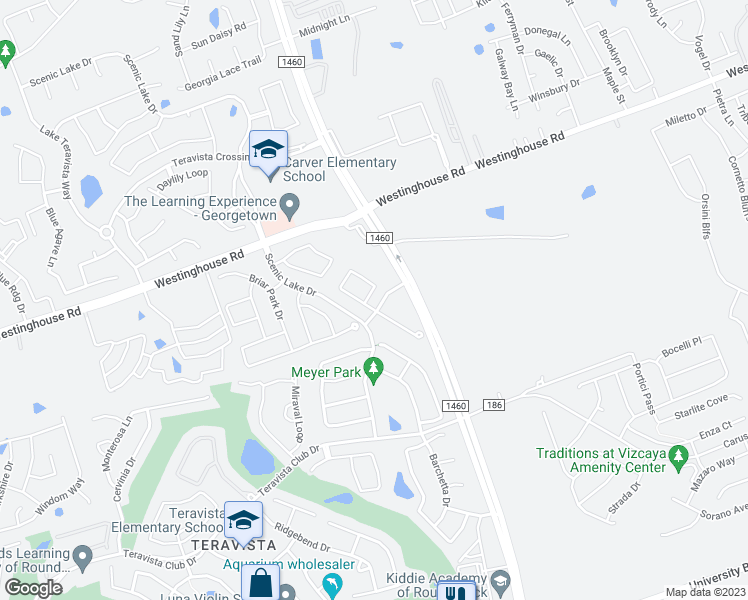 map of restaurants, bars, coffee shops, grocery stores, and more near 1409 Sunny Meadows Loop in Georgetown