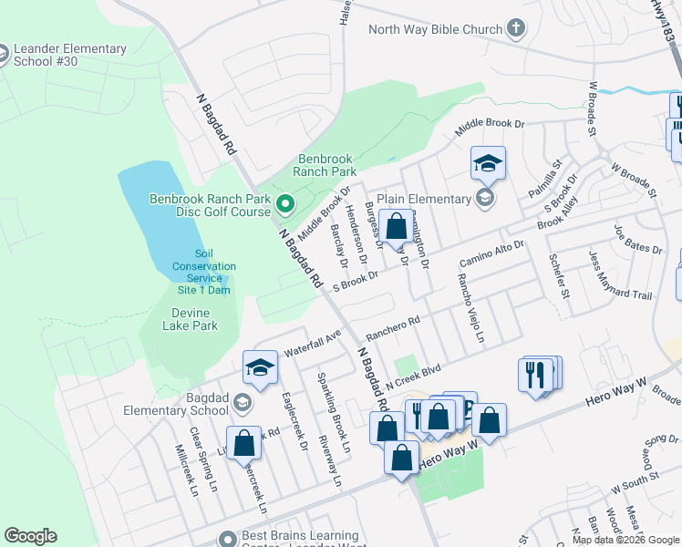 map of restaurants, bars, coffee shops, grocery stores, and more near 1008 Barclay Drive in Leander