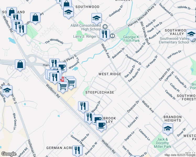 map of restaurants, bars, coffee shops, grocery stores, and more near 2305 Pintail Lane in College Station