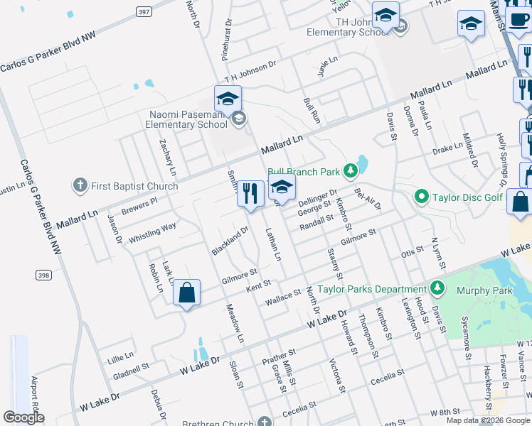 map of restaurants, bars, coffee shops, grocery stores, and more near 1304 Marshall Street in Taylor