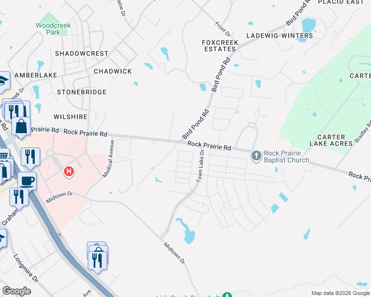 map of restaurants, bars, coffee shops, grocery stores, and more near 4200 Rock Prairie Rd in College Station