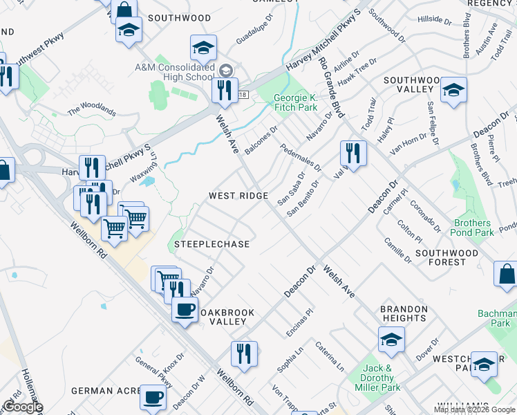 map of restaurants, bars, coffee shops, grocery stores, and more near 614 Navarro Drive in College Station