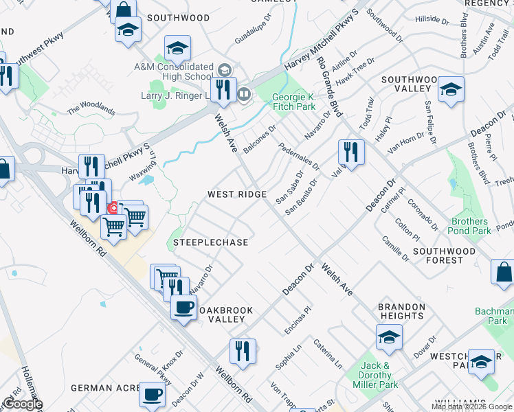 map of restaurants, bars, coffee shops, grocery stores, and more near 614 Navarro Drive in College Station