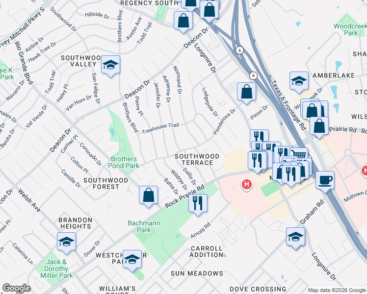 map of restaurants, bars, coffee shops, grocery stores, and more near 3013 Adrienne Drive in College Station
