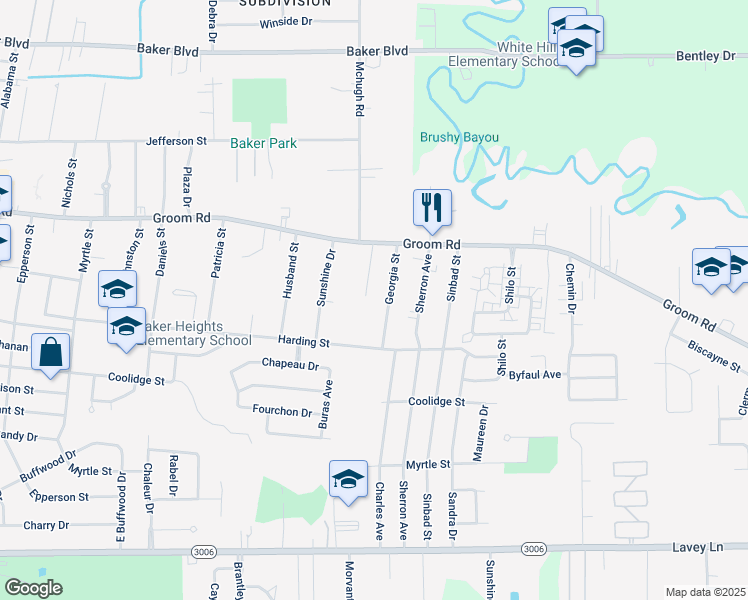 map of restaurants, bars, coffee shops, grocery stores, and more near 1010 Seville Avenue in Baker