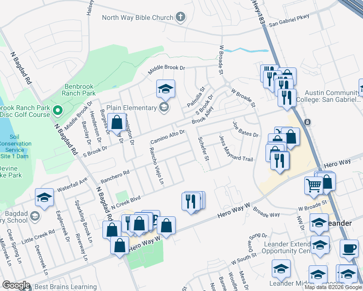 map of restaurants, bars, coffee shops, grocery stores, and more near 611 Los Robles Road in Leander