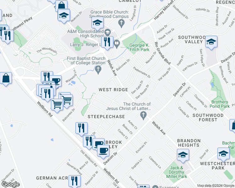 map of restaurants, bars, coffee shops, grocery stores, and more near 605 Navarro Drive in College Station