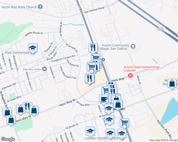map of restaurants, bars, coffee shops, grocery stores, and more near 651 U.S. 183 in Leander