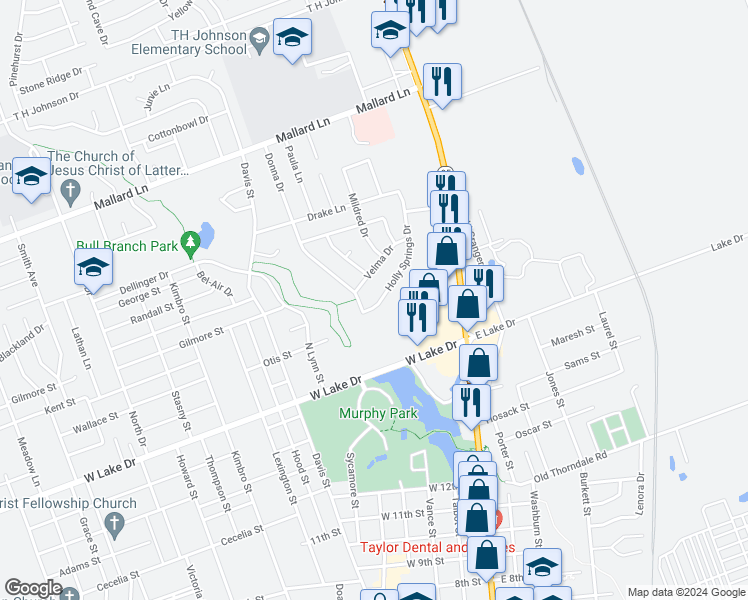 map of restaurants, bars, coffee shops, grocery stores, and more near 1807 Holly Springs Drive in Taylor