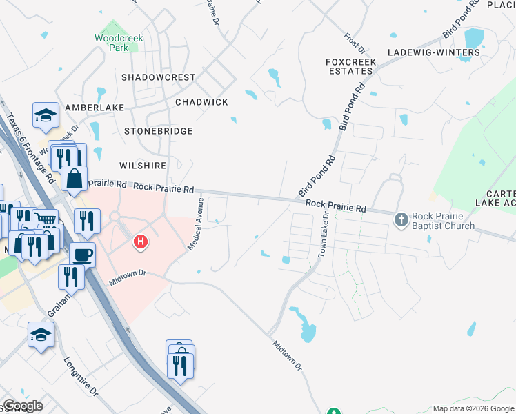 map of restaurants, bars, coffee shops, grocery stores, and more near 3716-3832 Rock Prairie Road in College Station