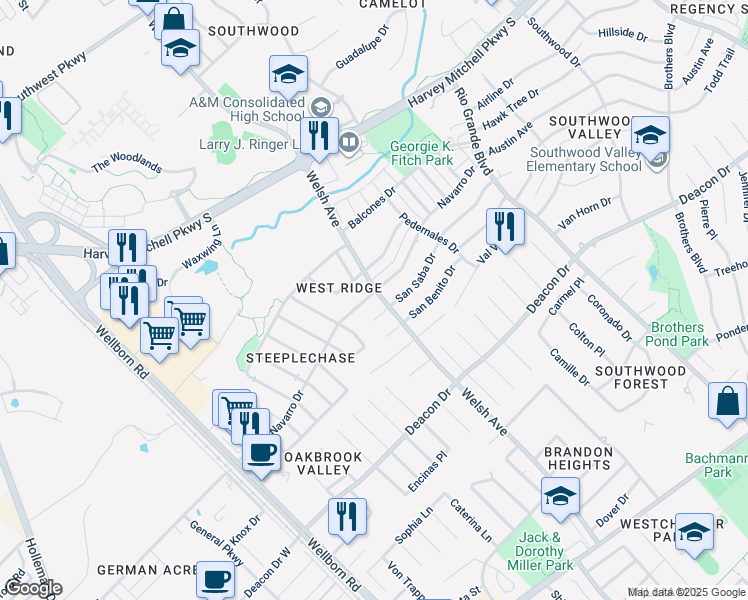 map of restaurants, bars, coffee shops, grocery stores, and more near 616 Navarro Drive in College Station