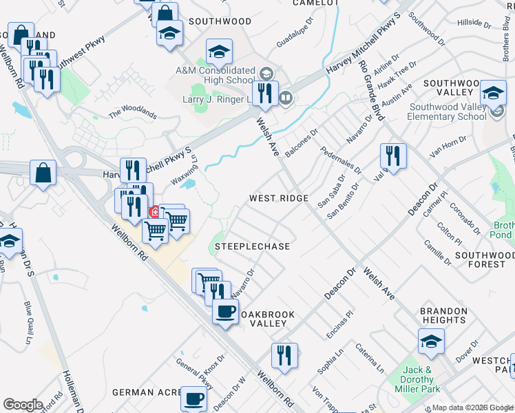 map of restaurants, bars, coffee shops, grocery stores, and more near 2305 Pintail Lane in College Station