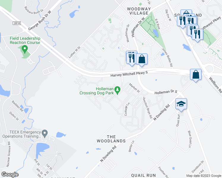 map of restaurants, bars, coffee shops, grocery stores, and more near Unnamed Road in College Station