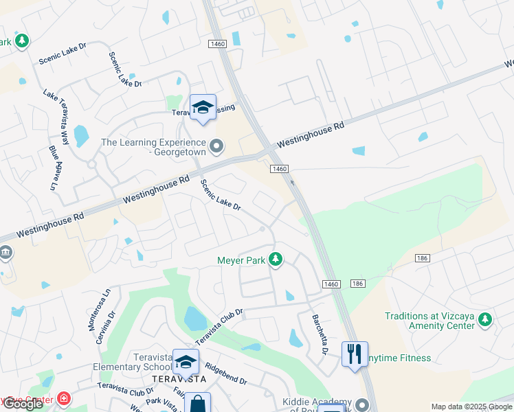 map of restaurants, bars, coffee shops, grocery stores, and more near 1111 Sunny Meadows Drive in Georgetown