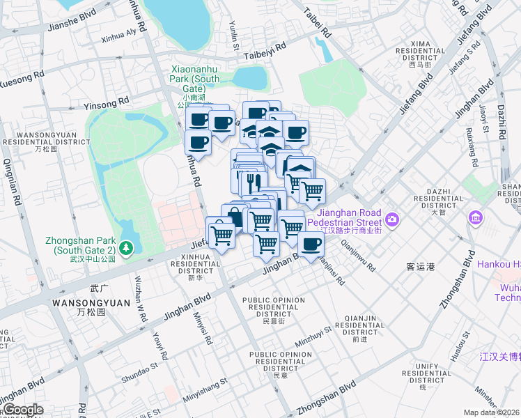 map of restaurants, bars, coffee shops, grocery stores, and more near Jing Wu Lu in Wu Han Shi