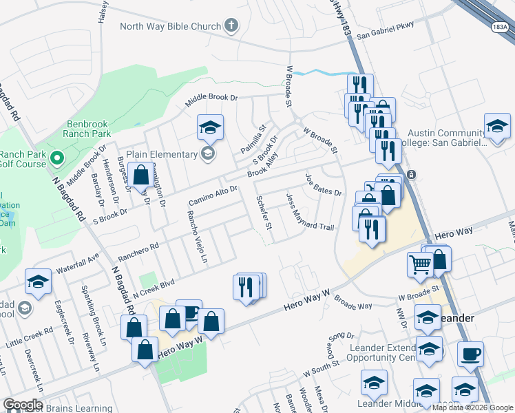 map of restaurants, bars, coffee shops, grocery stores, and more near 818 San Vicente Drive in Leander