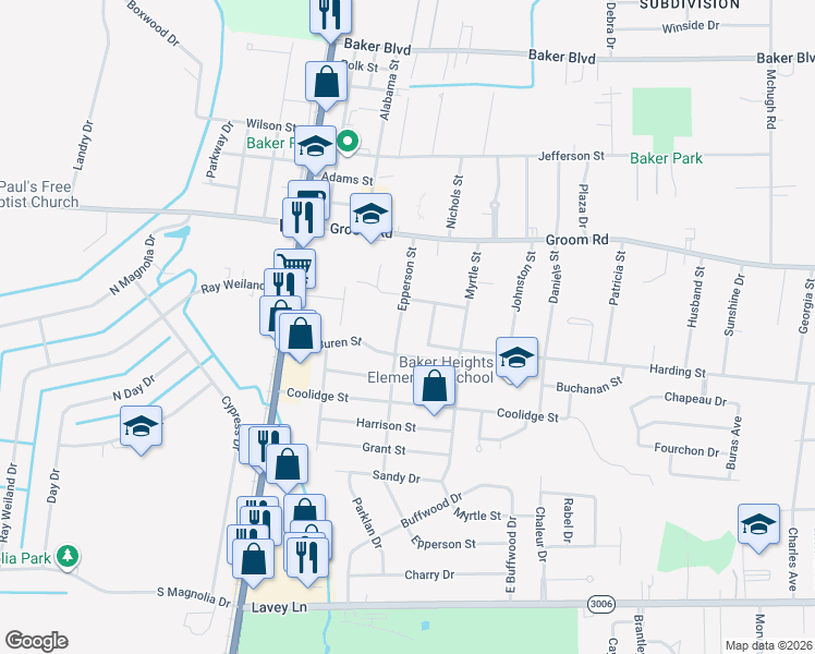 map of restaurants, bars, coffee shops, grocery stores, and more near 930 Epperson Street in Baker