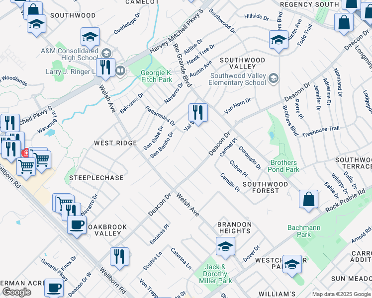 map of restaurants, bars, coffee shops, grocery stores, and more near 2800 Manzano Court in College Station