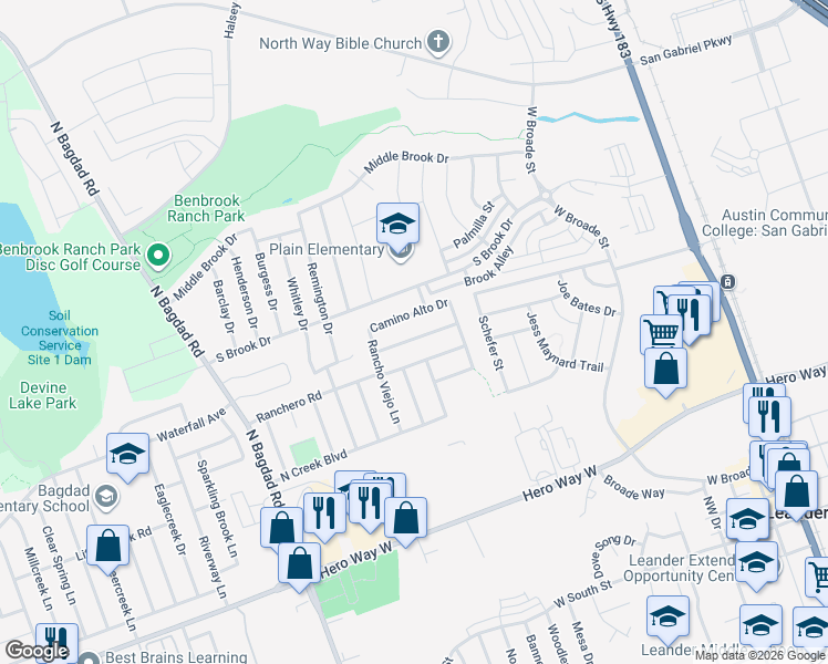 map of restaurants, bars, coffee shops, grocery stores, and more near 611 Los Robles Road in Leander