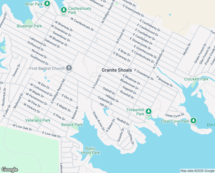 map of restaurants, bars, coffee shops, grocery stores, and more near 216 Rosehill Drive in Granite Shoals