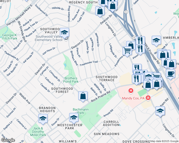 map of restaurants, bars, coffee shops, grocery stores, and more near 3010 Jennifer Drive in College Station