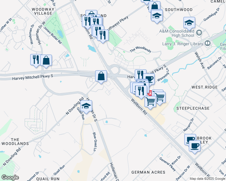 map of restaurants, bars, coffee shops, grocery stores, and more near 95 North Dowling Road in College Station
