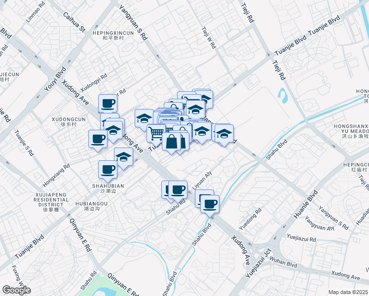 map of restaurants, bars, coffee shops, grocery stores, and more near Xu Dong Xiao Lu in Wu Han Shi