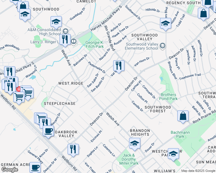 map of restaurants, bars, coffee shops, grocery stores, and more near 2800 Manzano Court in College Station
