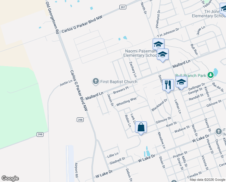 map of restaurants, bars, coffee shops, grocery stores, and more near 2206 Brewers Place Cove in Taylor