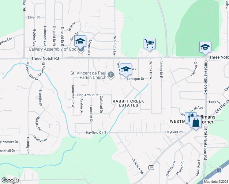 map of restaurants, bars, coffee shops, grocery stores, and more near 5000-5062 Guinevere Dr in Mobile