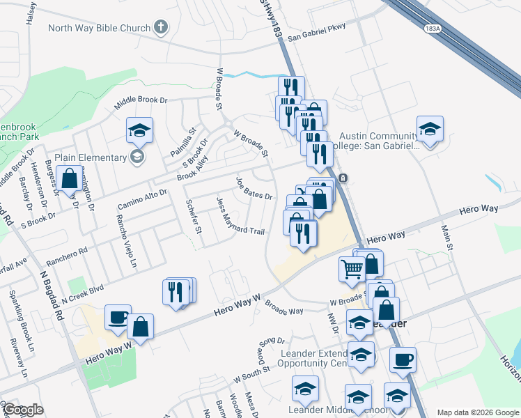map of restaurants, bars, coffee shops, grocery stores, and more near 628 Sawyer Trail in Leander